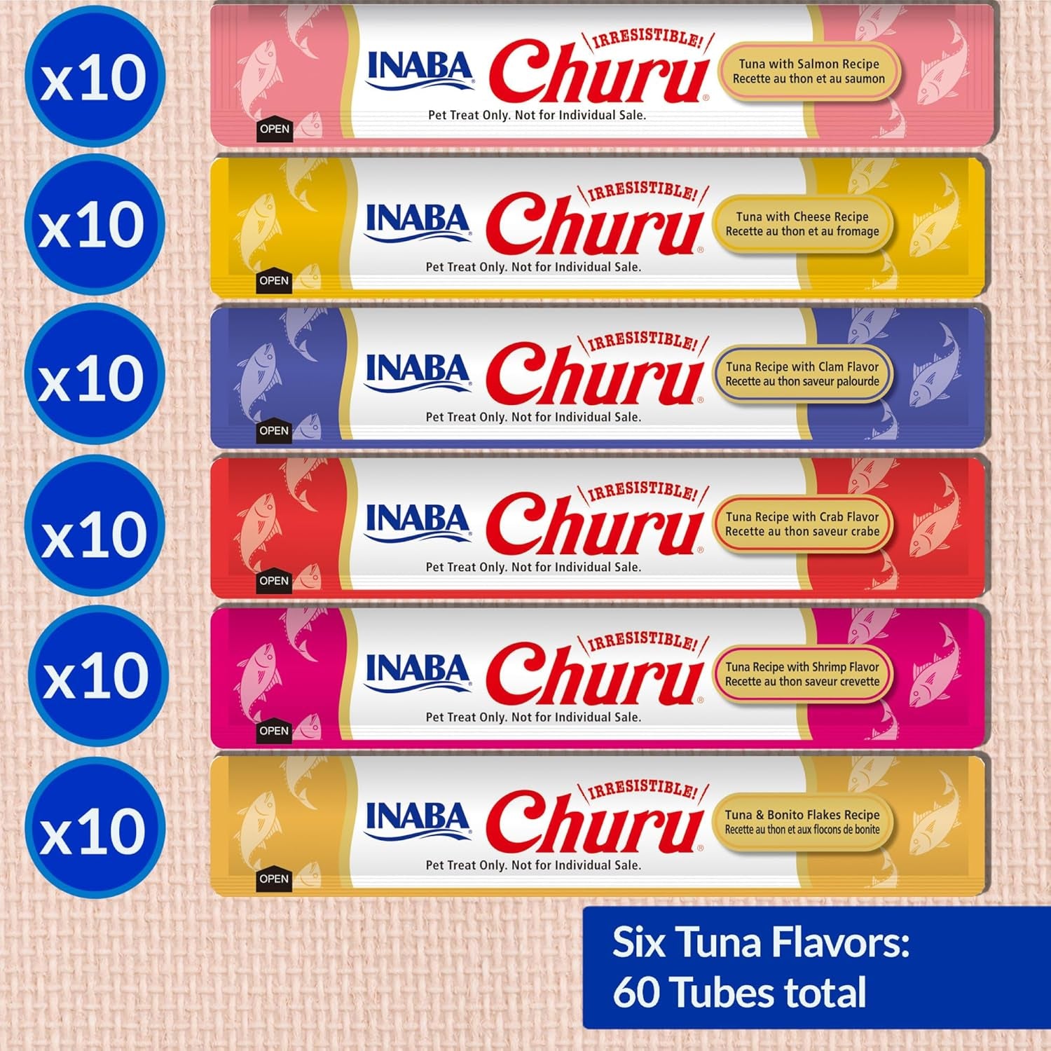 Churu Cat Treats, Grain-Free, Lickable, Squeezable Creamy Purée Cat Treat/Topper, 60 Servings, Tuna Variety Box