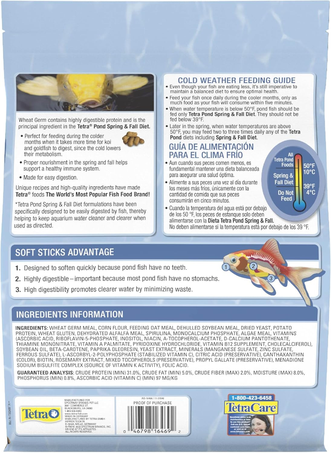 pond Spring and Fall Diet 3.08 Pounds, Pond Fish Food, for Goldfish and Koi, 7 L