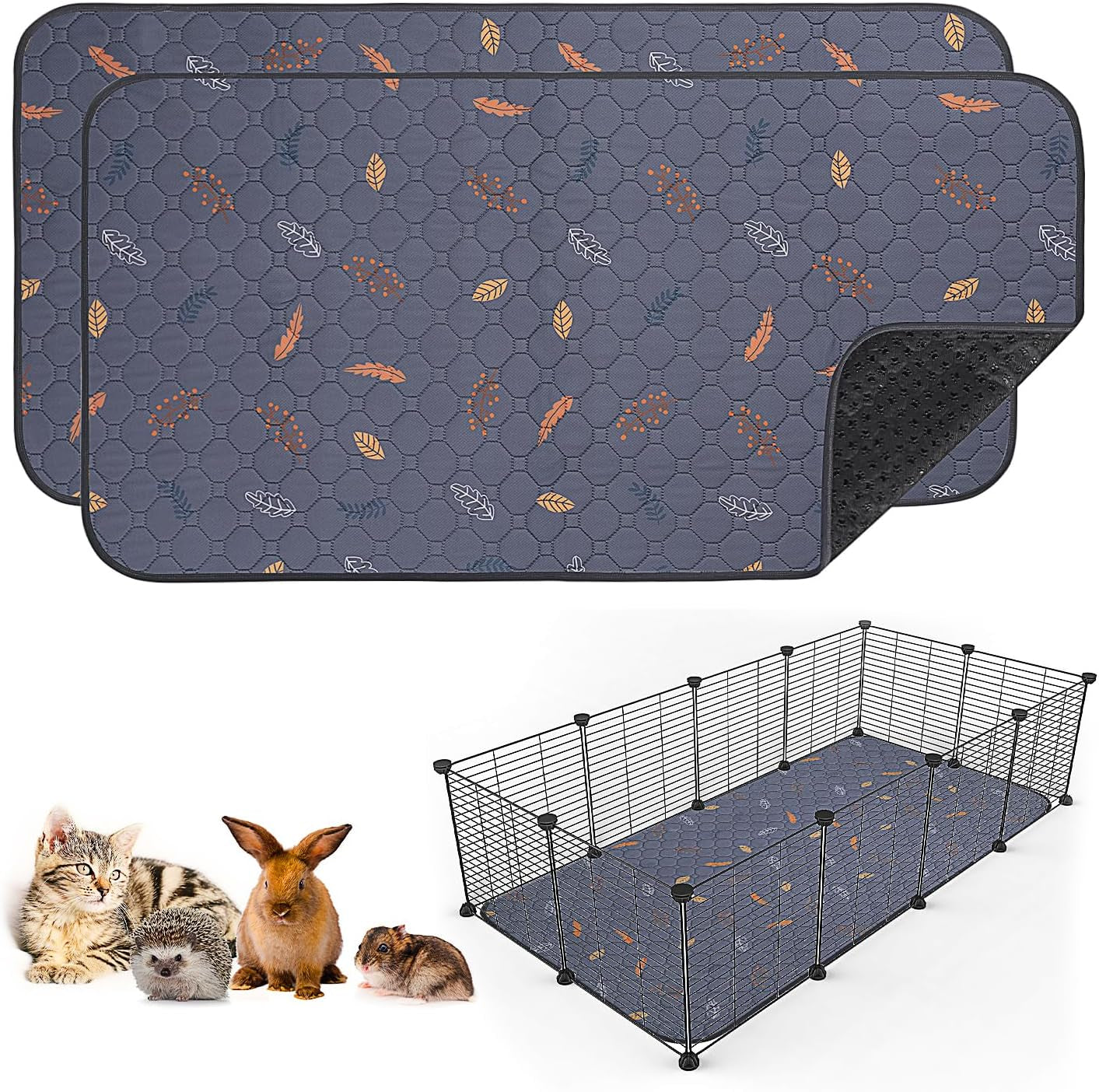 2 Pack Washable Guinea Pig Pee Pads, 24" X 48" Waterproof Reusable Guinea Pig Cage Liners, Absorbent Bedding Training Mat for Small Animal Guinea Pigs Rabbit Bunny Hamster (Leaves - Deep Grey)