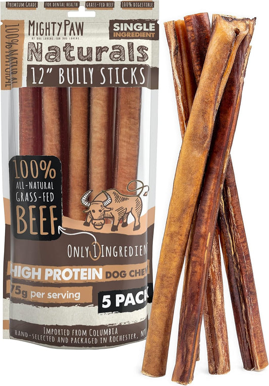 Naturals Bully Sticks for Dogs - Grass Fed Beef Chews. Dog Bully Sticks for Large Pets, Medium and Small Breeds. Lower Odor Treats for Small Pets. Single Ingredient (12" - 5 Pack)