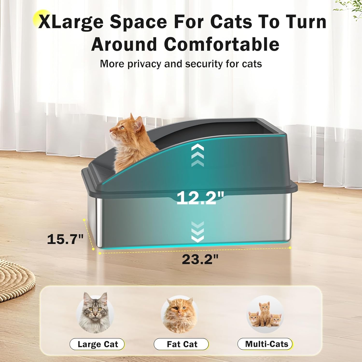 Stainless Steel Litter Box, Extra Large Litter Boxes for Big Cats, Xlarge Metal Cat Litter Box with Lid, Anti-Urine Leakage XL Box with High Sides, Easy Clean, Non-Sticky, Cat Mat & Metal Scoop