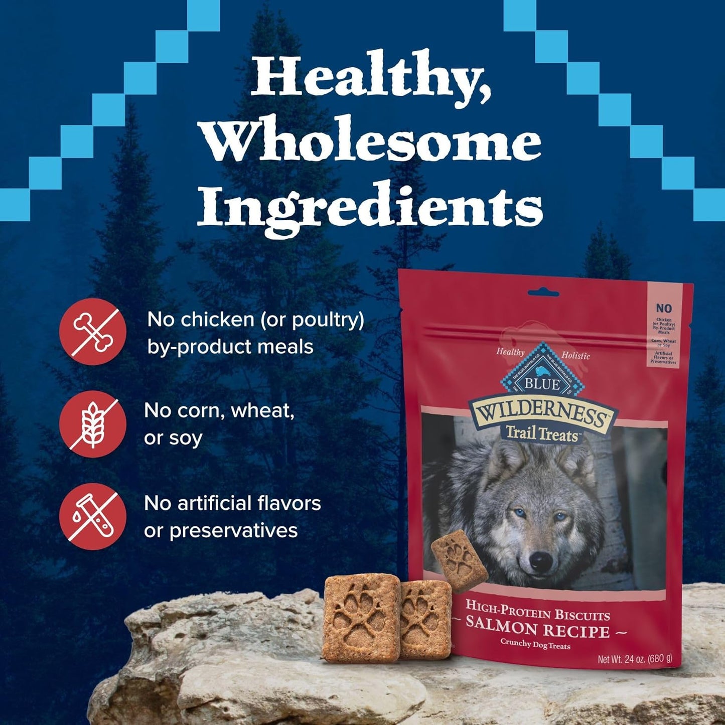 Wilderness Trail Treats Crunchy Dog Biscuits, Grain-Free and High-Protein Dog Treats Made with Natural Ingredients, Salmon Recipe 24-Oz Bag