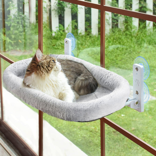 Cordless Cat Window Perch, Cat Hammock for Wall with 4 Strong Suction Cups, Solid Metal Frame and Two Replaceable Covers, Foldable Cat Beds for Indoor Cats (Large-Cushion Bed-Gray)