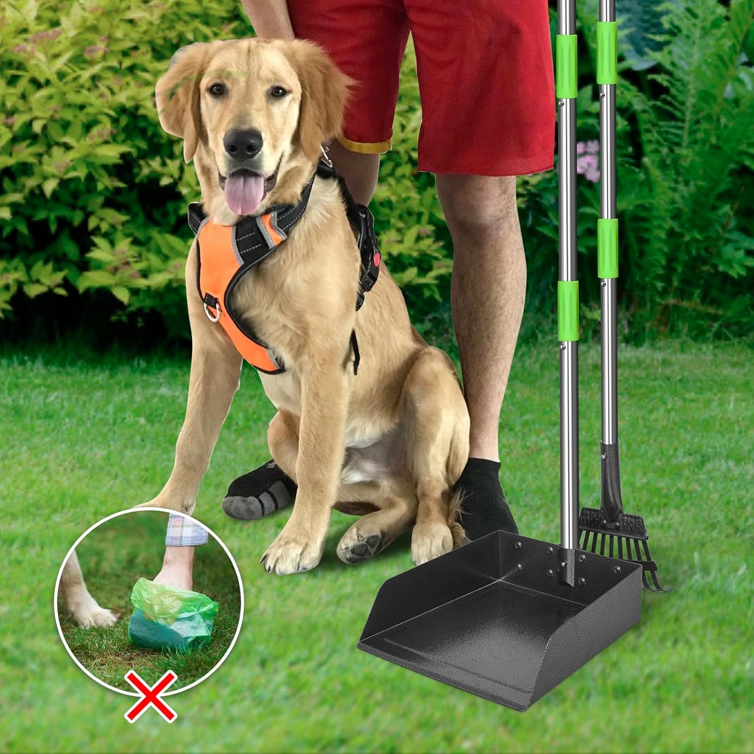 Larger Pooper Scooper for Large Dogs, Dog Pooper Scooper for Large Medium Small Dogs Long Handle Stainless Metal Tray and Rake Set Heavy Duty