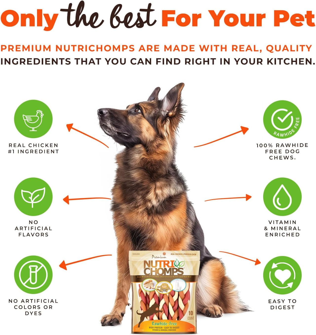 Nutrichomps Dog Chews, 6-Inch Braids, Easy to Digest, Rawhide-Free Dog Treats, Healthy, 10 Count, Real Chicken, Peanut Butter and Milk Flavors