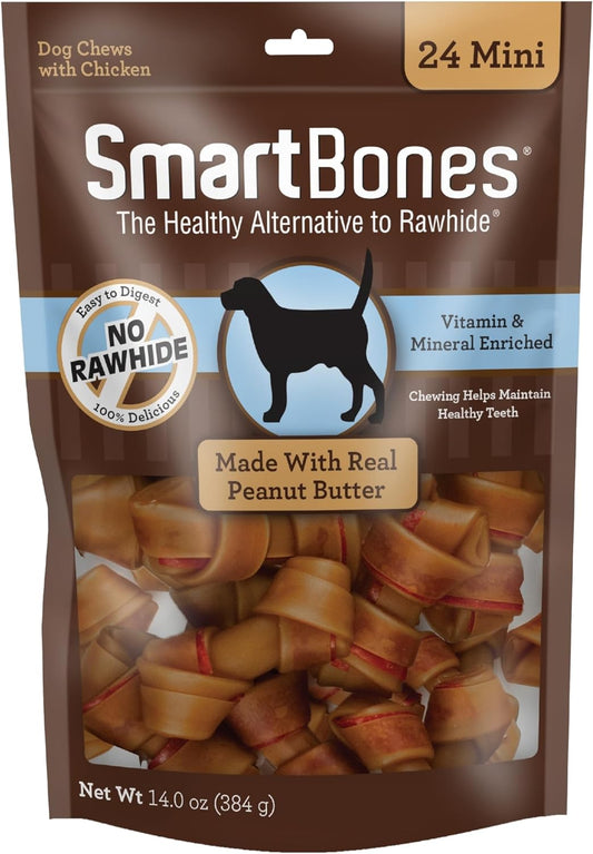 Mini Chews with Real Peanut Butter 24 Count, Rawhide-Free Chews for Dogs (Packaging May Vary)