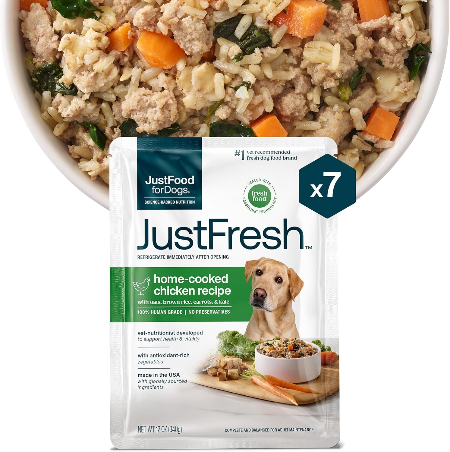 Justfresh Wet Dog Food, Fresh Pet Meals and Toppers with No Preservatives, Resealable Package, Human Grade, Home-Cooked Chicken, 12 Oz - 7 Pack