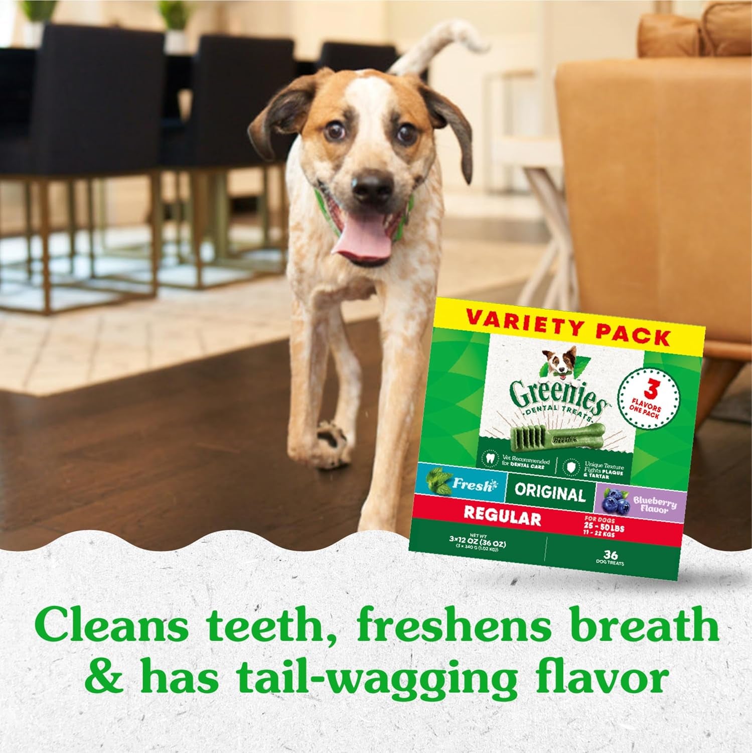 Regular Dental Dog Treats, 3-Flavor Variety Pack, (3) 12 Oz. Pouches, 36 Total Treats
