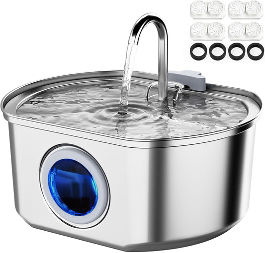 Cat Water Fountain Stainless Steel: 108Oz/3.2L Cat Fountain for Drinking- Pet Water Fountain inside - Automatic Dog Watering Dispenser Bowl - Pet Feeding & Watering Supplies - Water Level Window