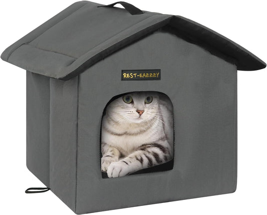 Cat House for Outdoor Cats, Weatherproof and Insulated Feral Cat House with Mat and Clip, Easy to Put Together, Selfwarming Cat Shelter for Winter(Grey, Waterproof House-S)