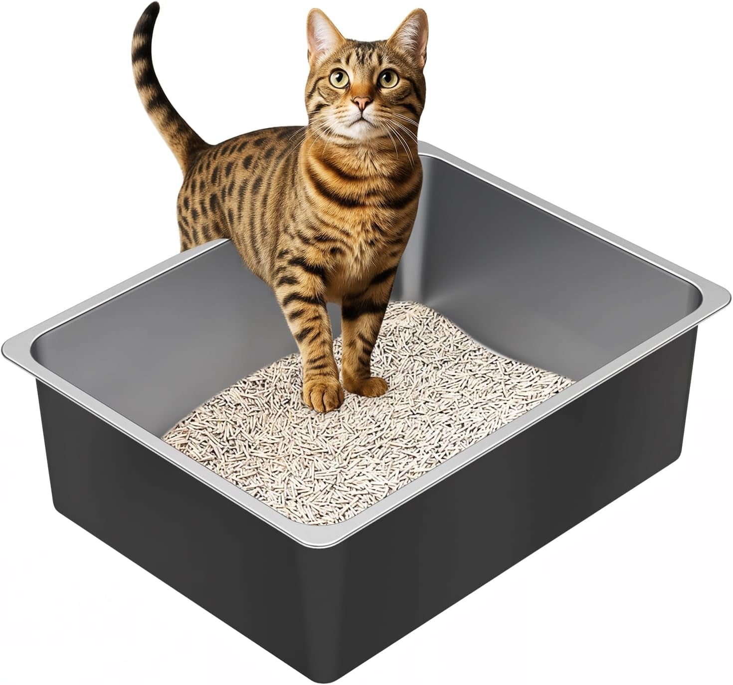 Stainless Steel Litter Box - Metal High Sided Cat Litter Box Pan, Never Absorbs Smell, Easy to Clean Non Stick Cat Litterbox Tray Toilet Pet Supplies for Indoor Kitty, Kitten, Rabbit, Puppy