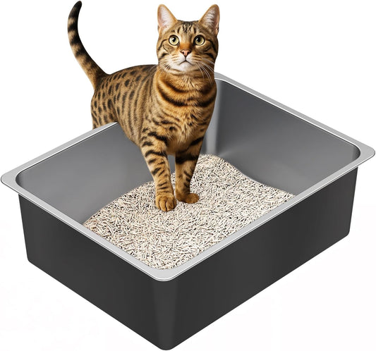 Stainless Steel Litter Box - Metal High Sided Cat Litter Box Pan, Never Absorbs Smell, Easy to Clean Non Stick Cat Litterbox Tray Toilet Pet Supplies for Indoor Kitty, Kitten, Rabbit, Puppy