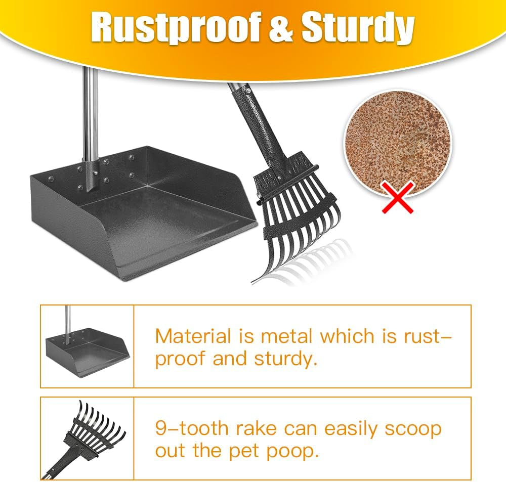 Larger Pooper Scooper for Large Dogs, Dog Pooper Scooper for Large Medium Small Dogs Long Handle Stainless Metal Tray and Rake Set Heavy Duty
