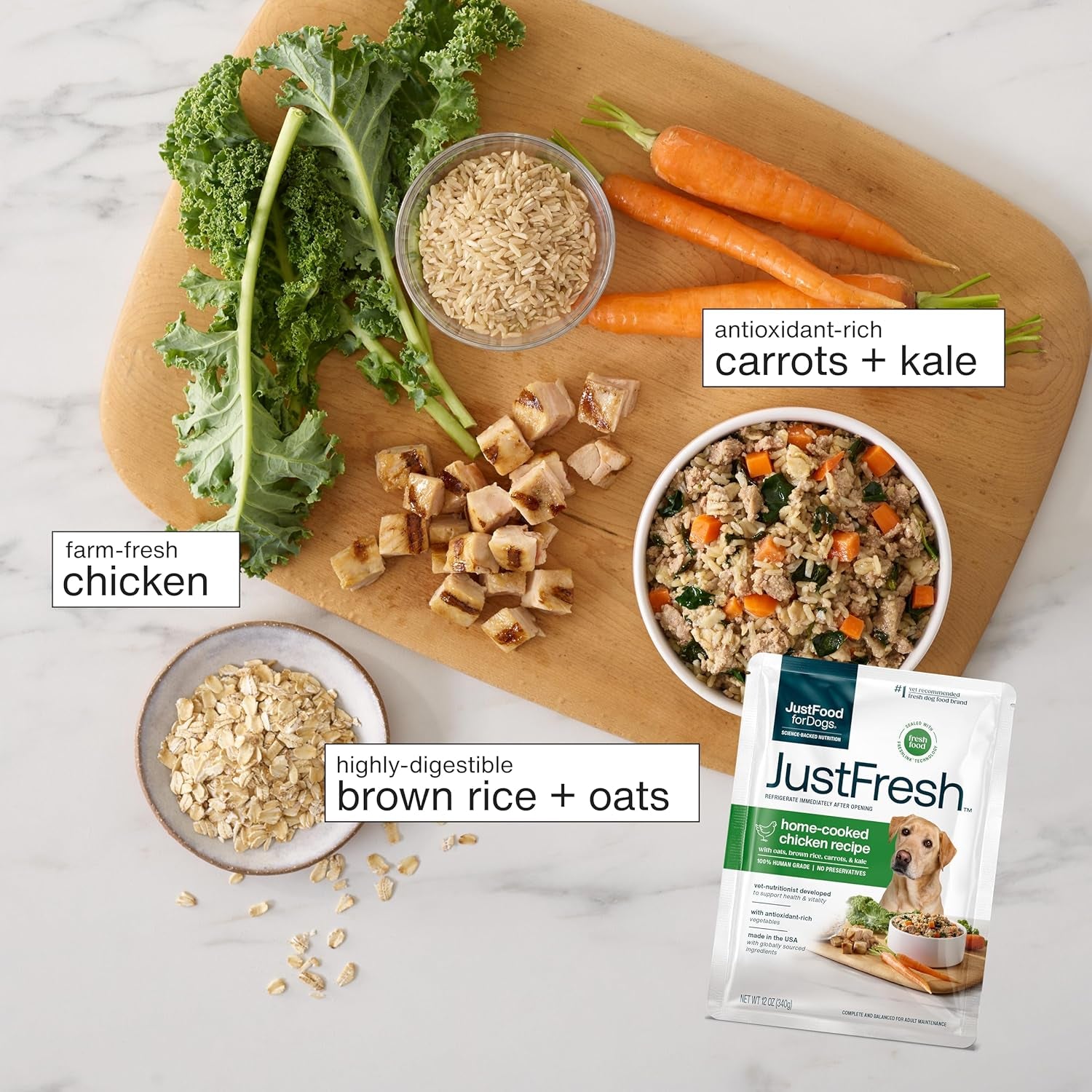 Justfresh Wet Dog Food, Fresh Pet Meals and Toppers with No Preservatives, Resealable Package, Human Grade, Home-Cooked Chicken, 12 Oz - 7 Pack