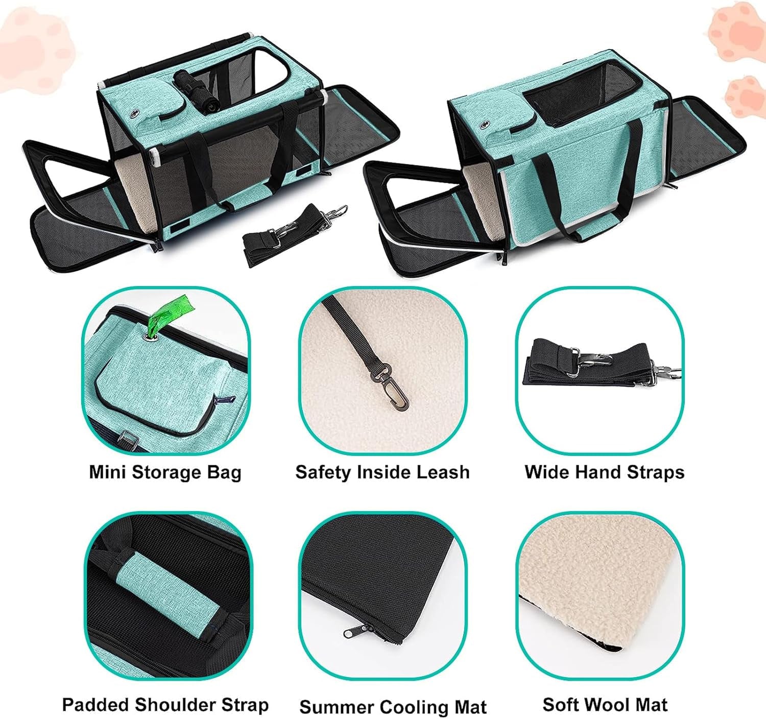 Small Dog Carrier for Puppy Yorkshire Softshell Car Transport Chihuahua Carry Cage 18-Inch Collapsible Doggie Vet Visit Crate Easy Load Roomy Pet Carrier Bag Kennel Dog Essentials Teal