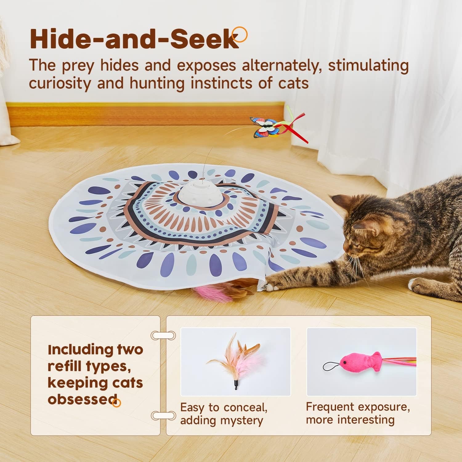 Cat Toys Chargeable, 3In1 Hide and Seek for Kittens, Interactive Automatic Play, Fluttering Butterfly, Moving Wand Feather, Indoor Kitty Exercise 22.8 Inch Cover for All Breeds