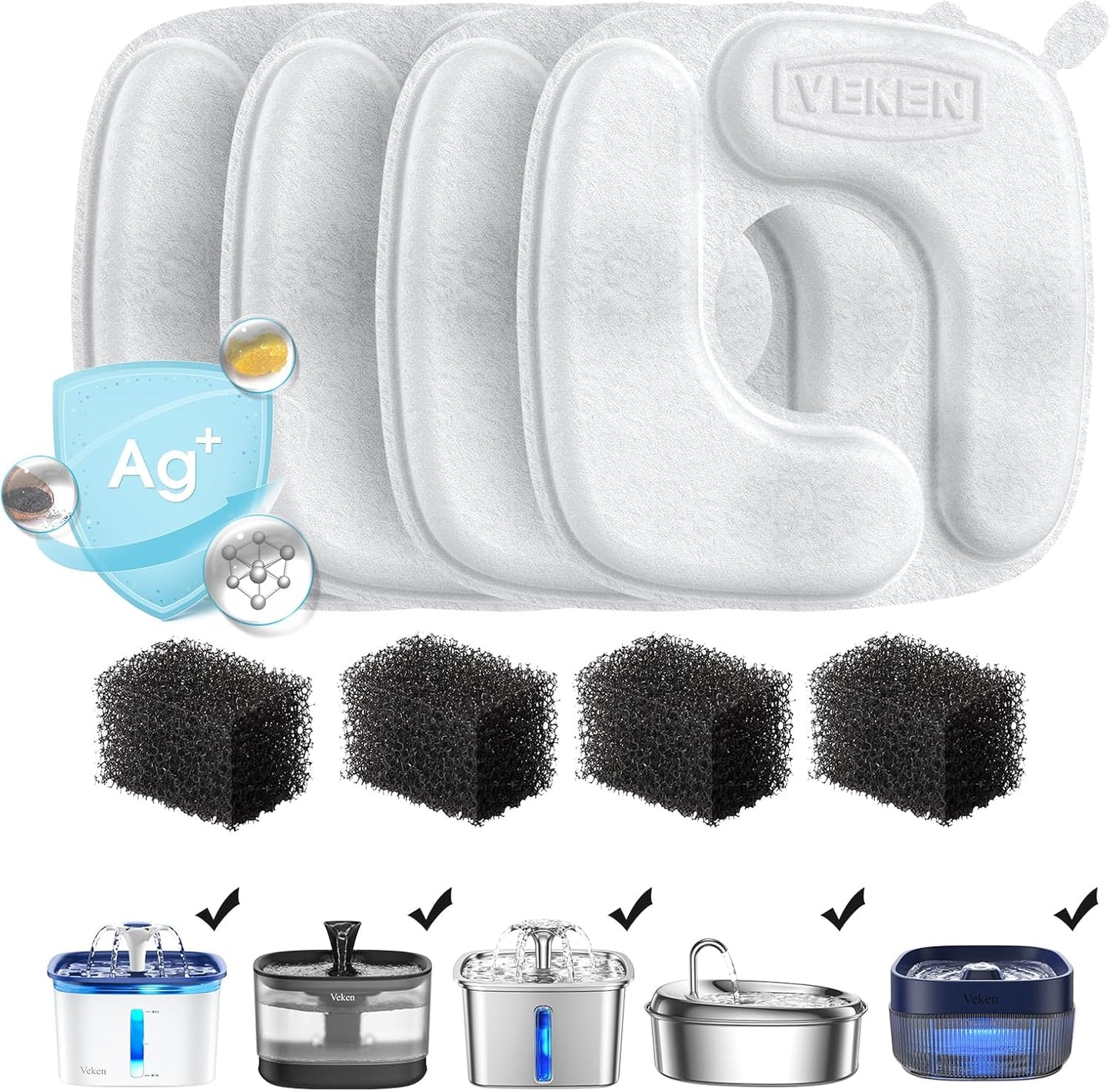 Cat Water Fountain Filters, 4 Pack Replacement Filters & 4 Pack Replacement Pre-Filter Sponges Set for 50Oz, 84Oz, 95Oz Automatic Pet Fountain Dog Water Dispenser