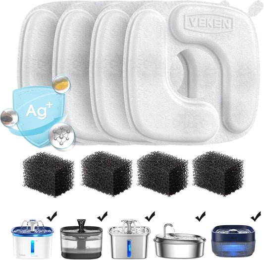 Cat Water Fountain Filters, 4 Pack Replacement Filters & 4 Pack Replacement Pre-Filter Sponges Set for 50Oz, 84Oz, 95Oz Automatic Pet Fountain Dog Water Dispenser