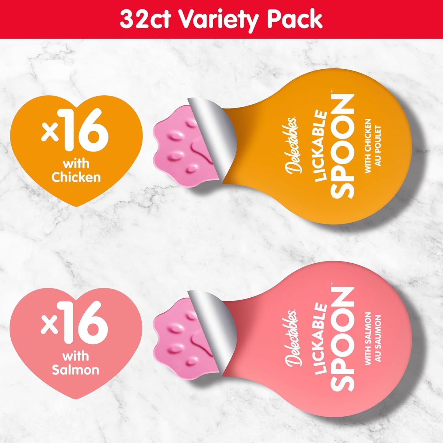 Delectables Lickable Spoon Handheld Wet Cat Treats Made with Real Chicken & Salmon, Quick & Easy Creamy Puree, Mess Free, Grain-Free, No Added Fillers, No By-Products, Variety Pack, 32Ct