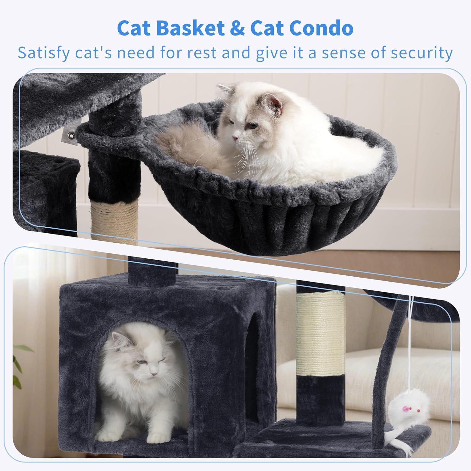 Cat Tree with Toy, Cat Tower Condo for Indoor Cats, Cat House with Padded Plush Perch, Cozy Hammock and Sisal Scratching Posts, Smoky Gray HCT004SG