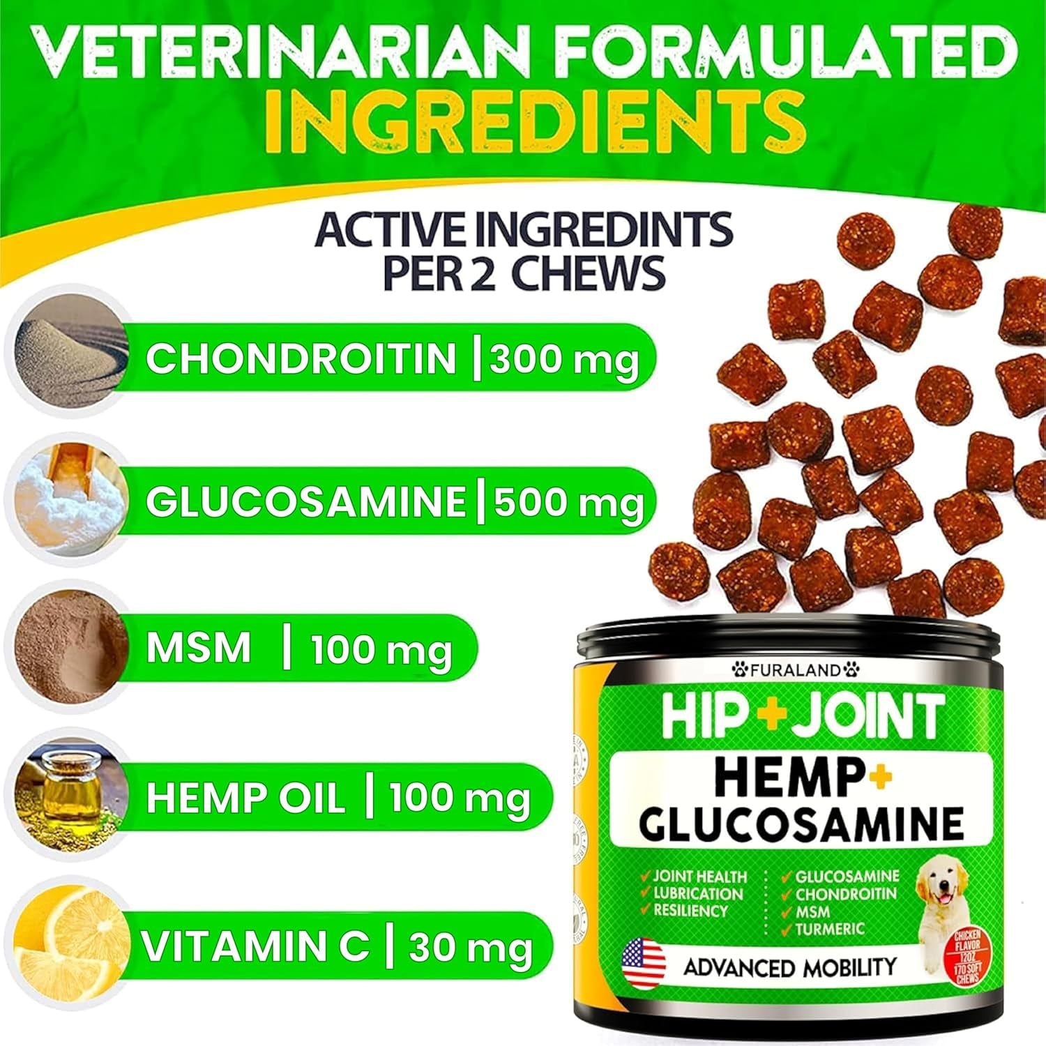 Hemp Hip and Joint Supplement for Dogs - Glucosamine for Dogs - 170 Dog Joint Pain Relief Treats - Chondroitin, Hemp Oil, MSM - Mobility & Flexibility Support - Advanced Care Health - Made in USA