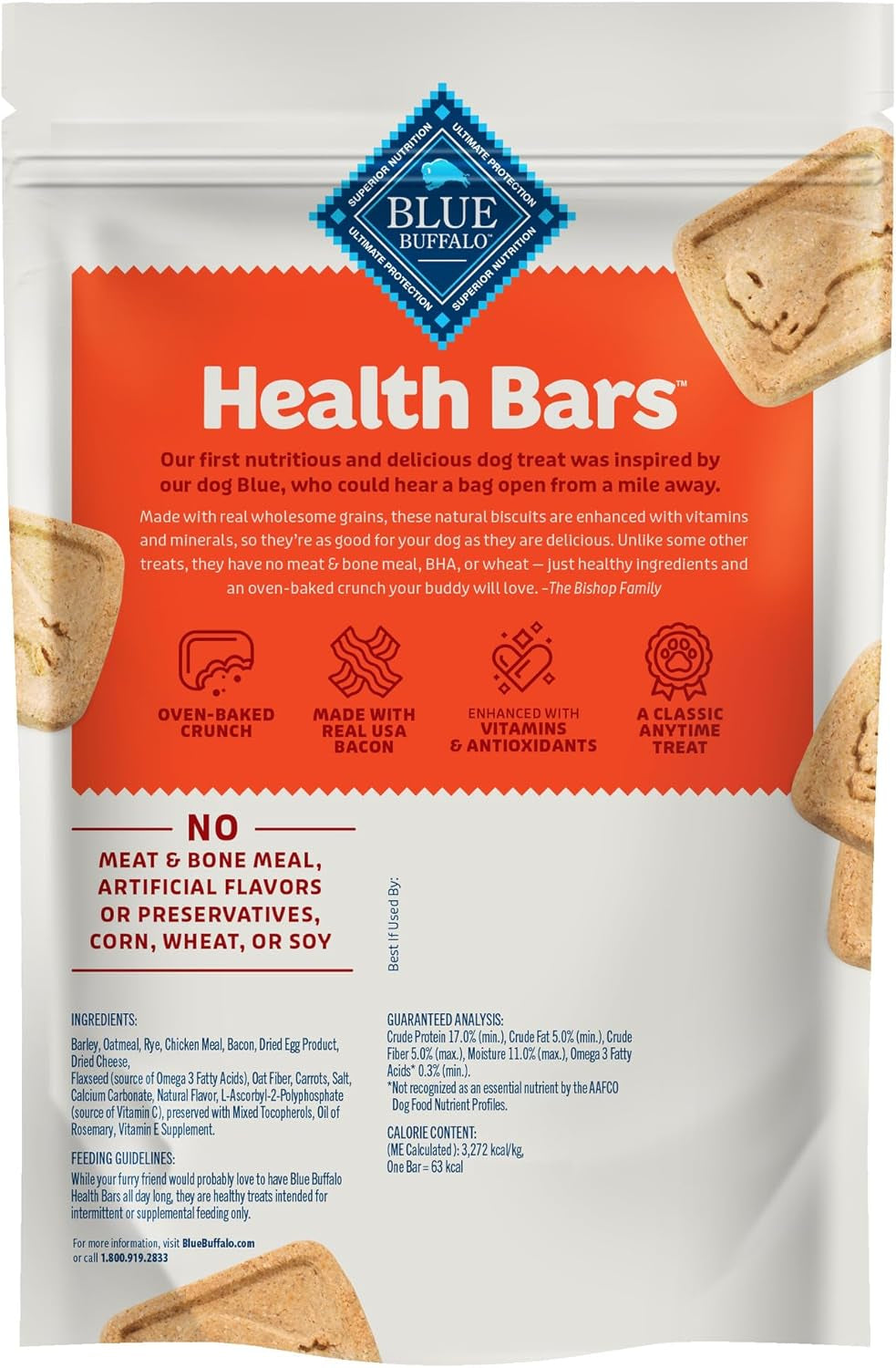 Health Bars Crunchy Dog Biscuits, Oven-Baked with Natural Ingredients, Bacon, Egg & Cheese , 16-Oz Bag