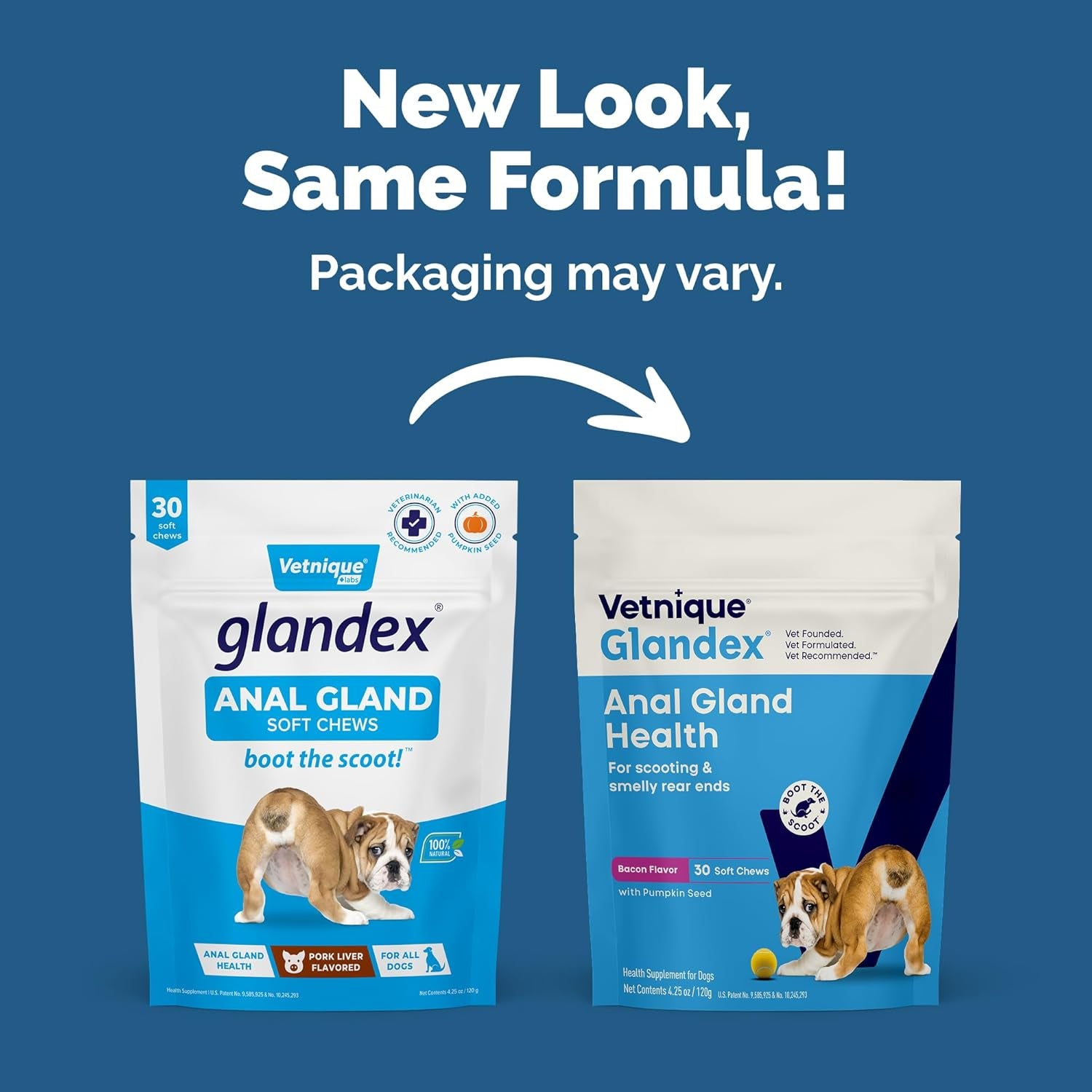 Labs Glandex Anal Gland Soft Chew Treats with Pumpkin for Dogs Digestive Enzymes, Probiotics Fiber Supplement for Dogs Boot the Scoot (Bacon/Pork Chews, 30 Count)
