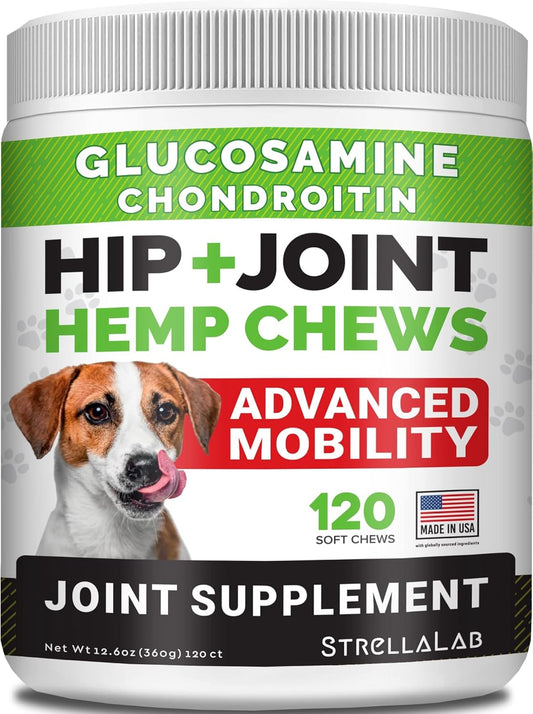 Hemp Chews for Dogs - Hip & Joint Supplement with Glucosamine - Joint Pain Relief Treats - Omega 3, Chondroitin, MSM - Advanced Mobility Support - Chicken Flavor - 120 Ct - Made in USA
