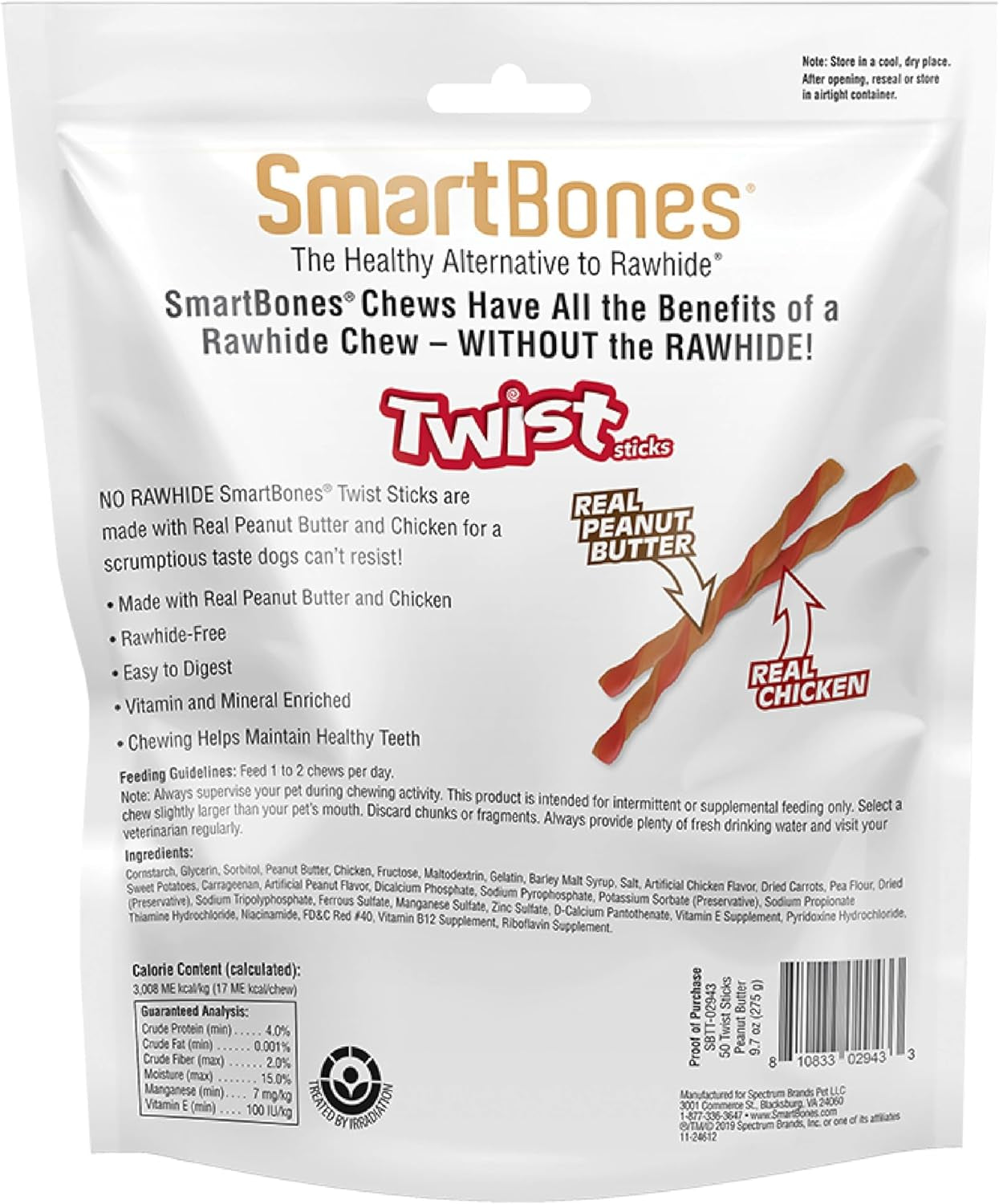 Smart Twist Sticks with Peanut Butter, Rawhide-Free Chews for Dogs, 50 Count