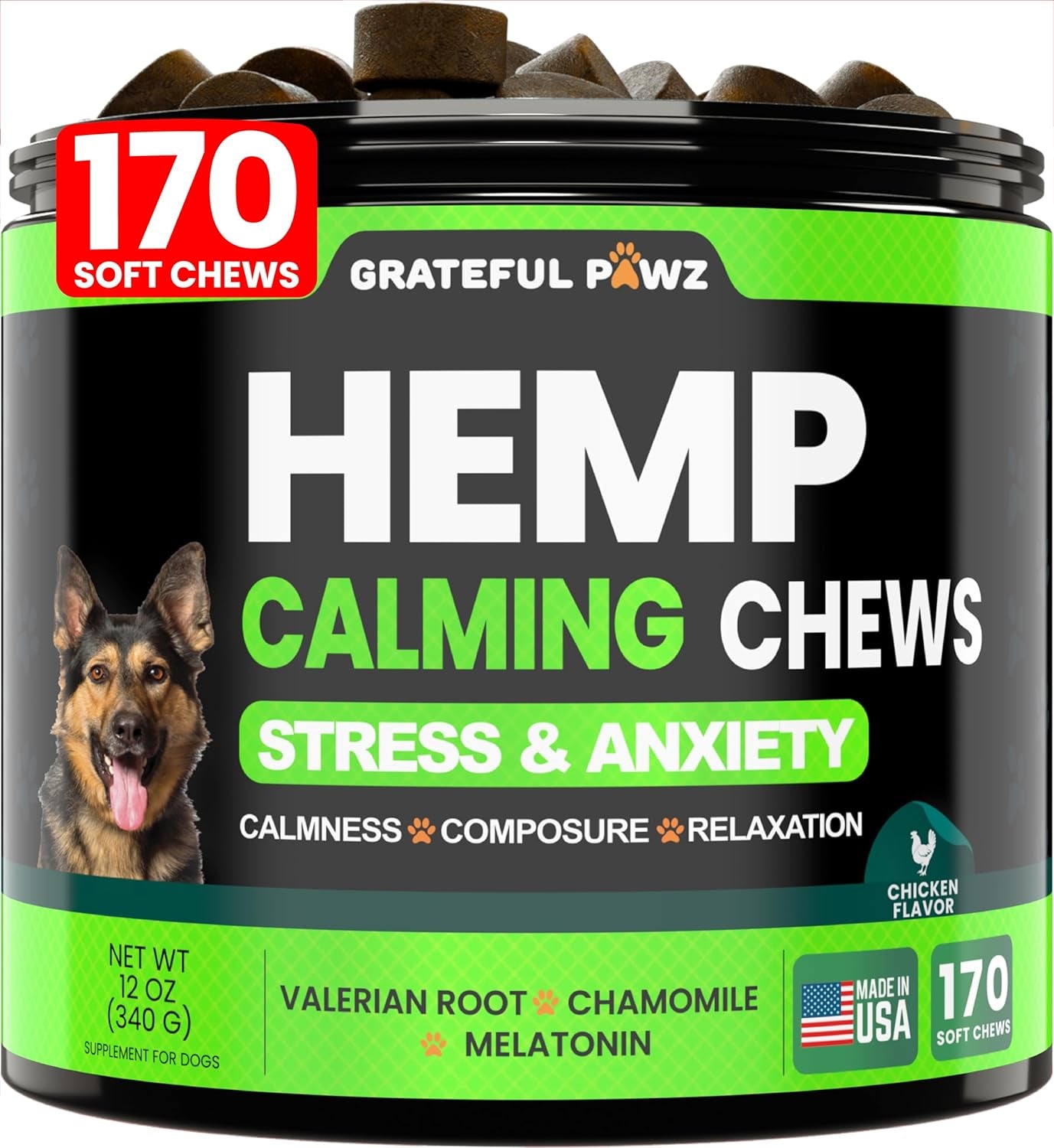 Hemp Calming Chews for Dogs - Dog Calming Chews - 170 Anxiety Relief Treats with Hemp Oil - Sleep Aid - Advanced Health Joint Support Supplement - Health & Wellness