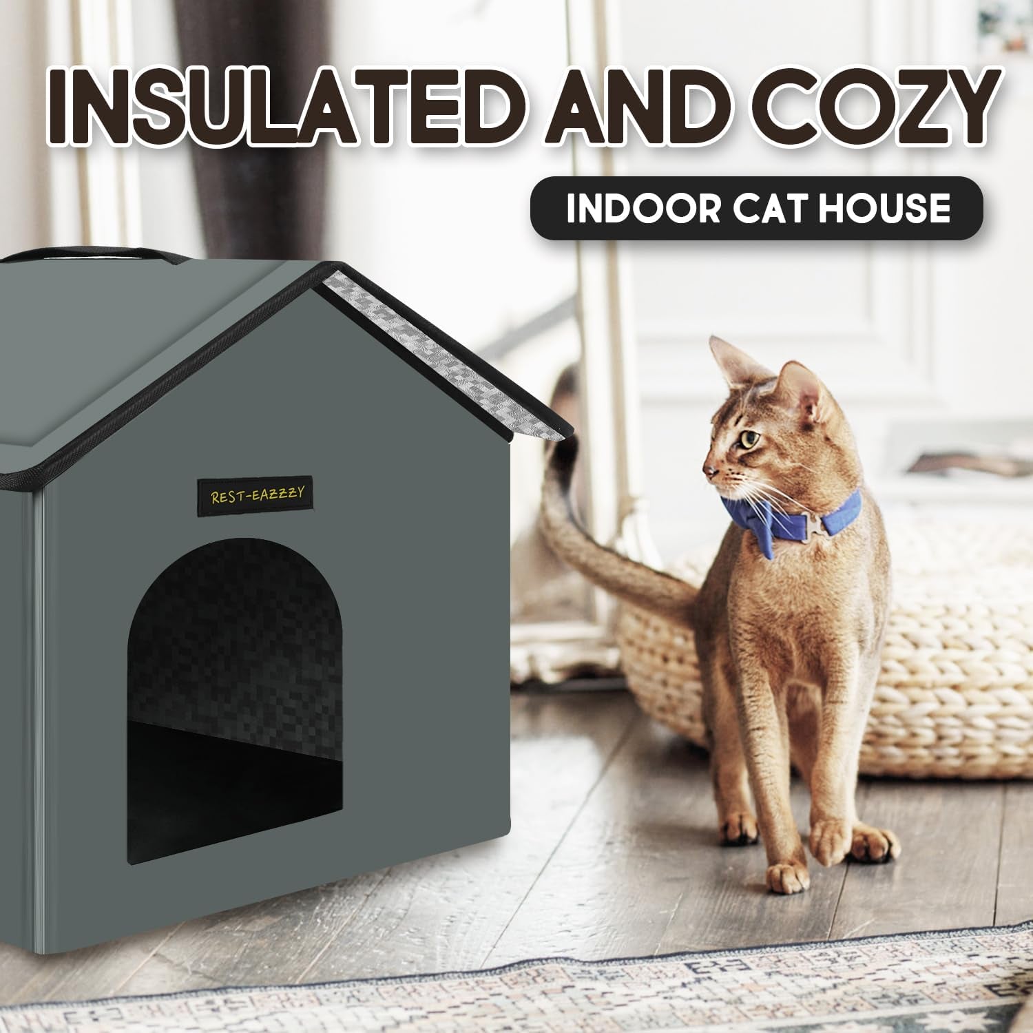 Cat House for Outdoor Cats, Weatherproof and Insulated Feral Cat House with Mat and Clip, Easy to Put Together, Selfwarming Cat Shelter for Winter(Grey, Waterproof House-S)