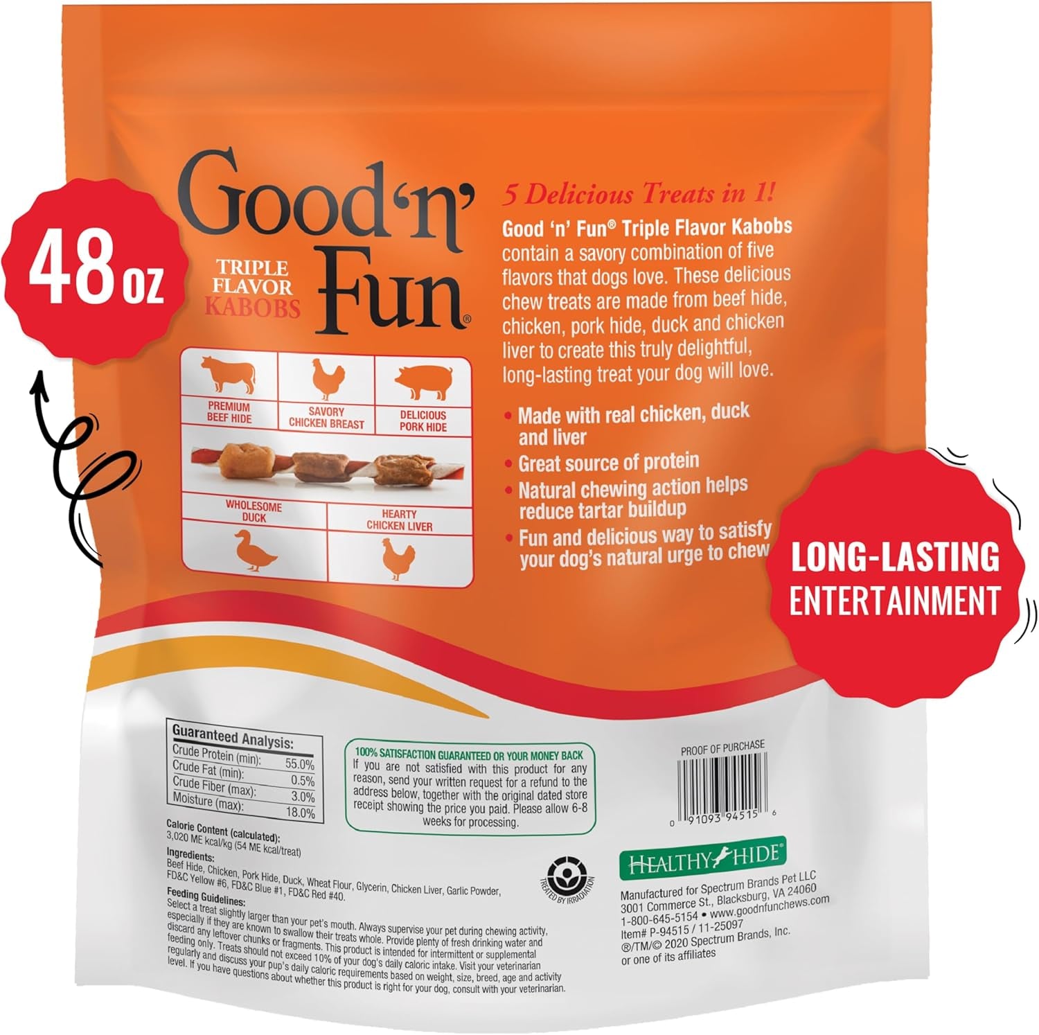 Good N Fun Triple Flavor Kabobs 48 Ounce, Rawhide Snack for All Dogs (2 Pack)