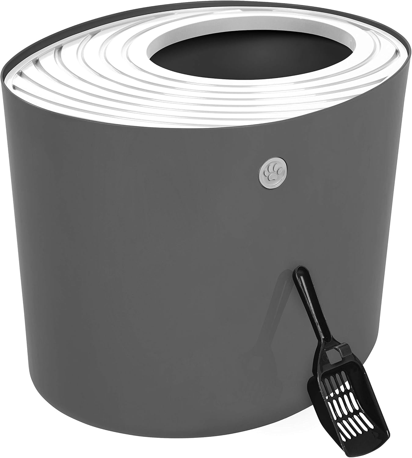 Cat Litter Box, Large Top Entry with Litter Catching Lid and Scoop, Dog Proof, Cat Box Enclosure, Dark Gray/White