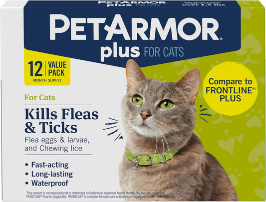 plus Flea and Tick Prevention for Cats, Cat Flea and Tick Treatment, 12 Doses, Waterproof Topical, Fast Acting, Cats over 1.5 Lbs