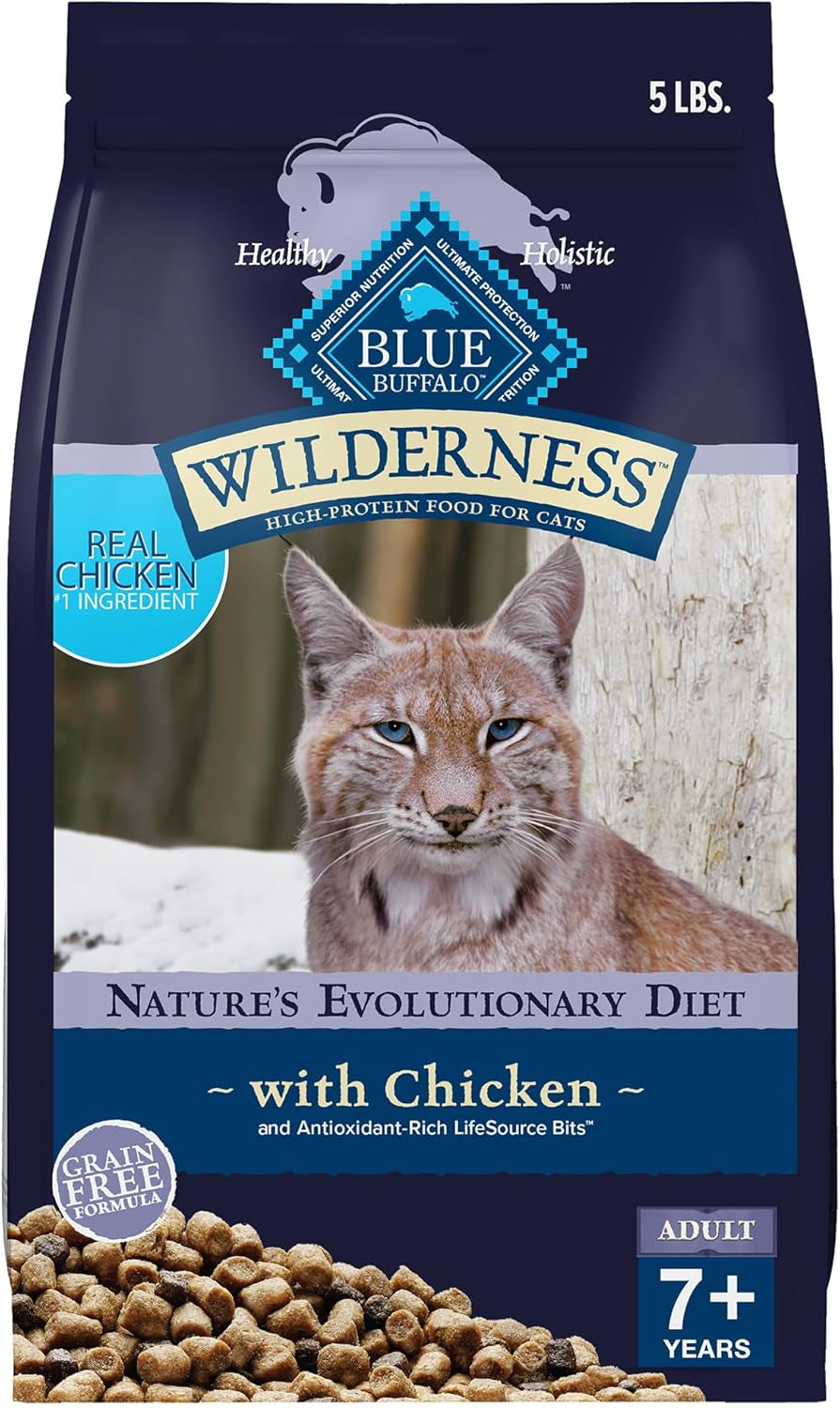 Wilderness Natural Mature Dry Cat Food for Cats 7+ Years, High-Protein and Grain-Free Diet, Supports Immune System Health and Energy to Stay Active, Chicken, 5-Lb. Bag