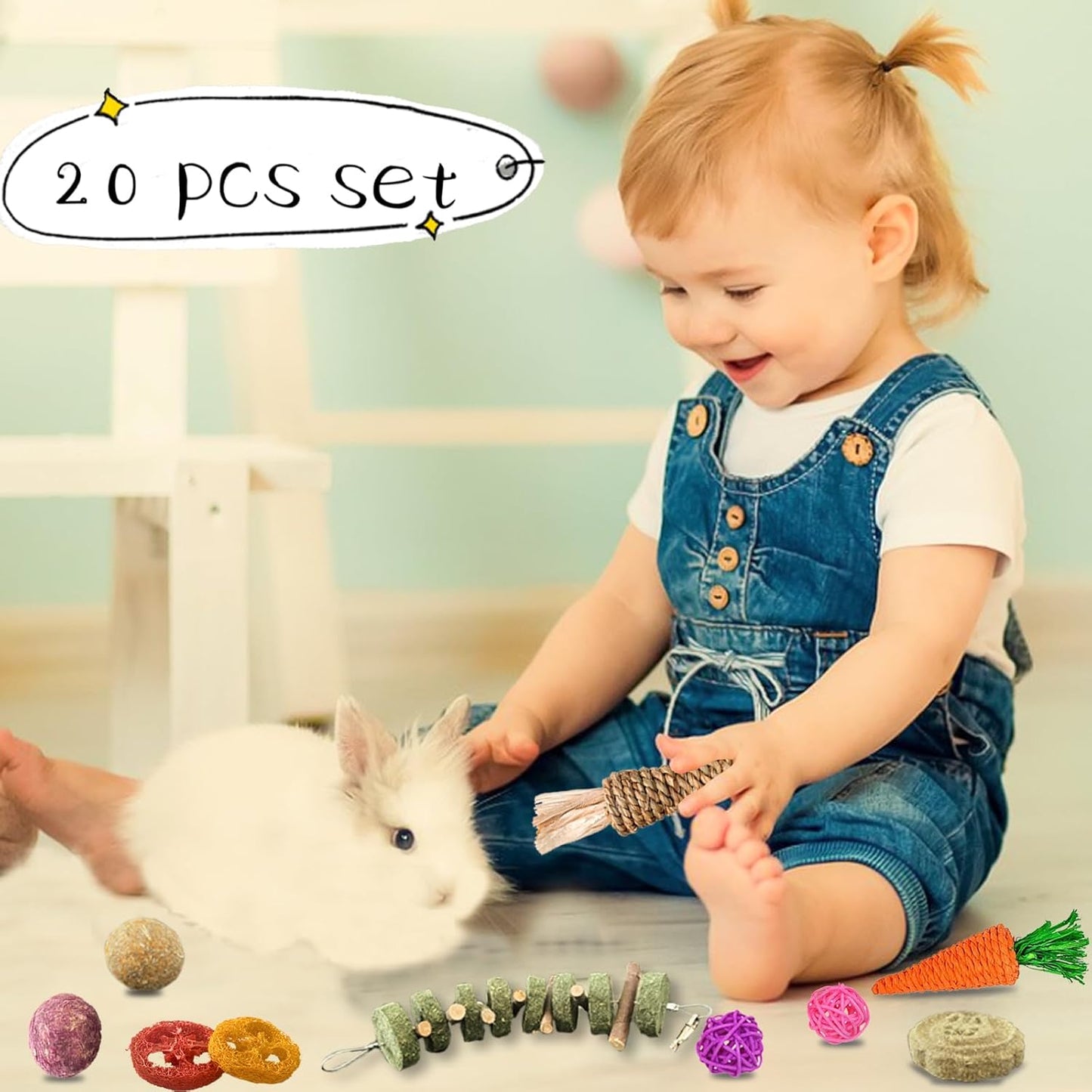 20 PCS Bunny Chew Toys for Teeth, Natural Rabbit Toys Apple Wood Grass Timothy Sticks Chew and Treat for Guinea Pigs Hamster Chinchillas