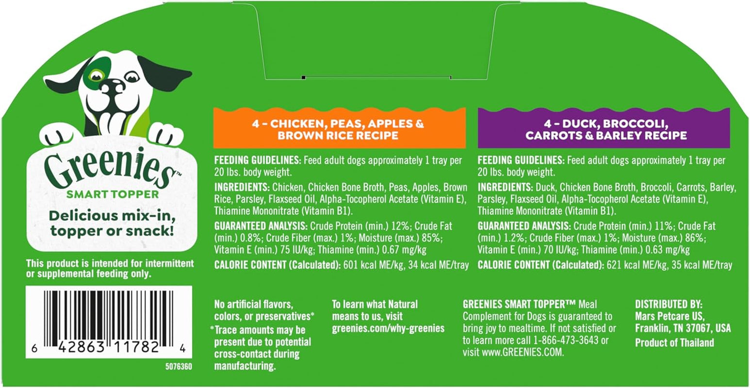 Smart Topper High Protein Wet Mix-In for Dogs, Chicken, Peas, Apples, and Brown Rice Recipe & Duck, Broccoli, Carrots and Barley Recipe Variety Pack with Whole Grains, 8 Trays of 2Oz.