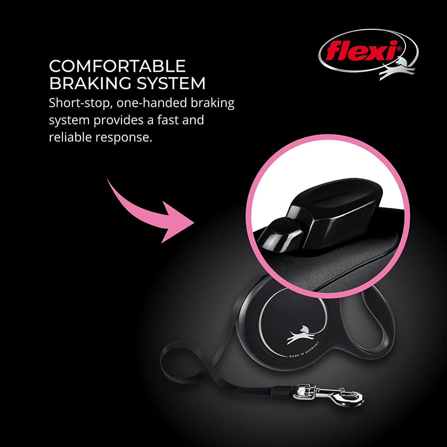 New Classic Tape Retractable Dog Leash for Large Dogs Upto 110 Lbs. – 26 Ft., Black | Tangle Free Pet Walking Leash with One-Handed Brake, Pause, Lock|German Quality Product