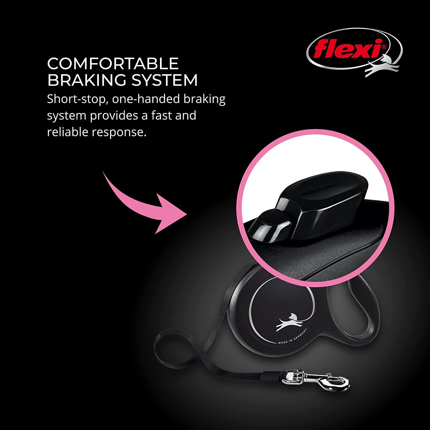 New Classic Tape Retractable Dog Leash for Large Dogs Upto 110 Lbs. – 26 Ft., Black | Tangle Free Pet Walking Leash with One-Handed Brake, Pause, Lock|German Quality Product