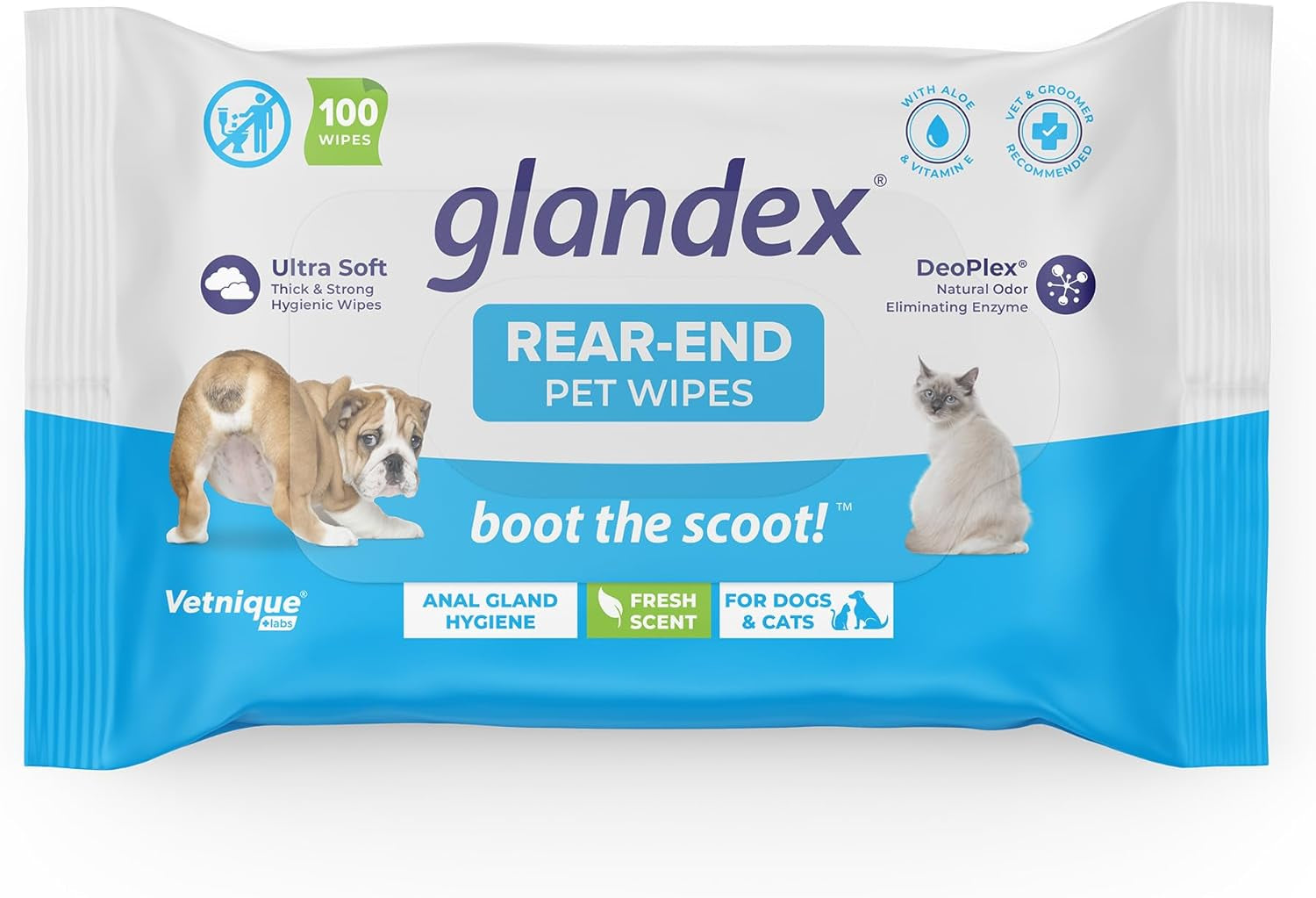 Labs Glandex Dog Wipes for Pets Cleansing & Deodorizing Anal Gland Hygienic Dog & Cat Wipes with Vitamin E, Skin Conditioners and Aloe (100Ct Pouch)
