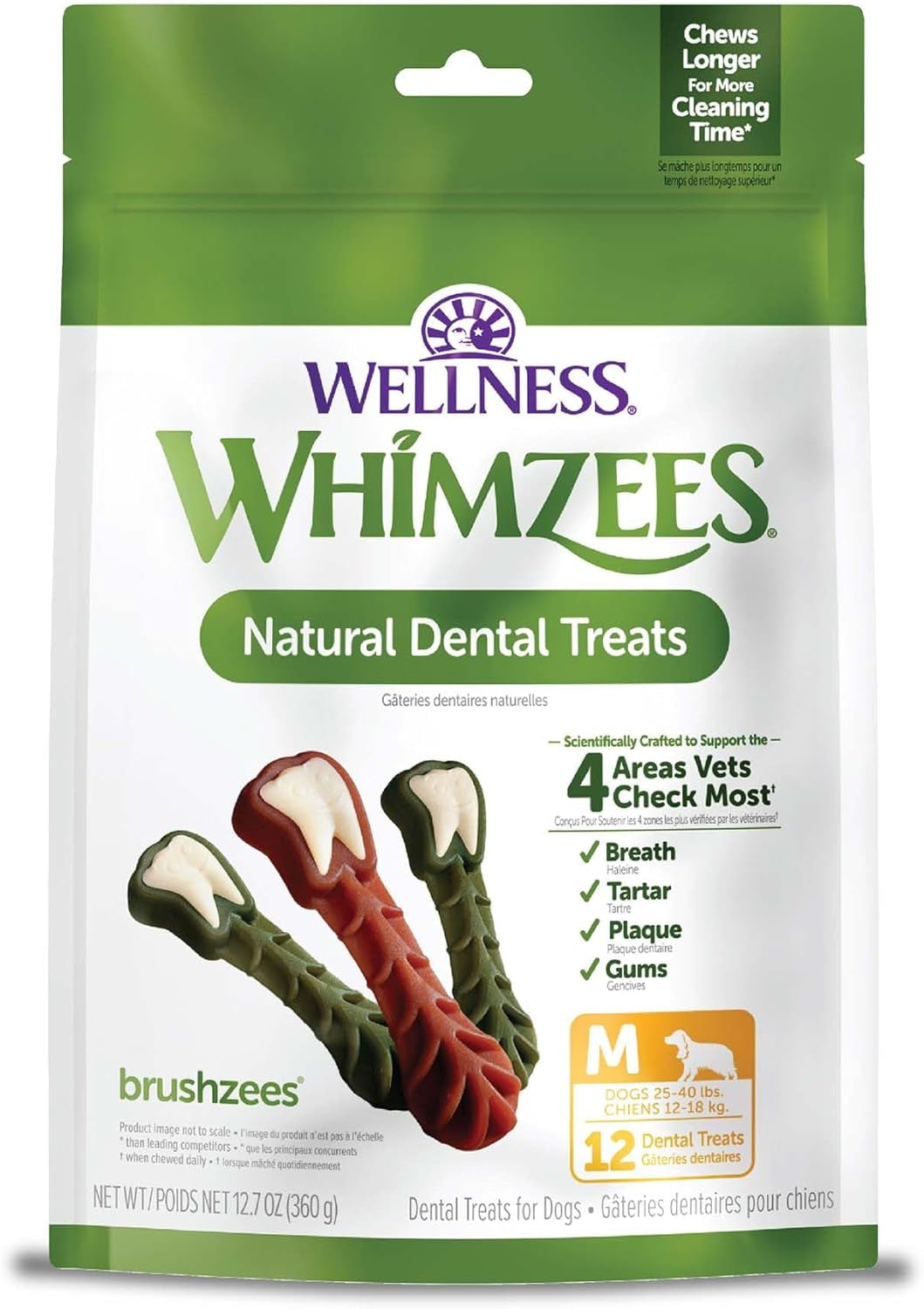 Wellness  Brushzees Dog Dental Treats, Natural Chews, Medium Size Stick, (12 Count)