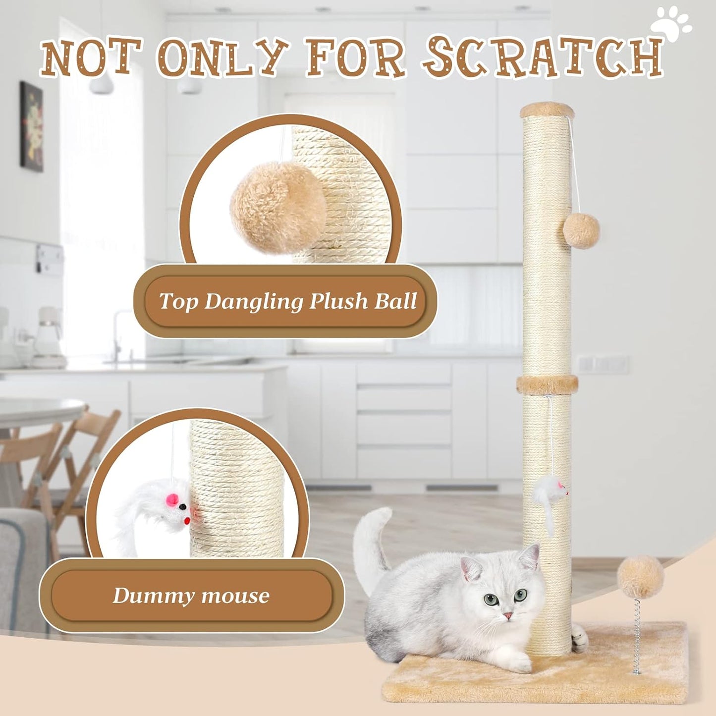 32" Tall Cat Scratching Posts for Indoor Cats, 3-In-1 Vertical Cat Scratching Post with Plush Toys, Premium Sisal Post for Cats at All Ages with Reinforced Stable Base, Beige