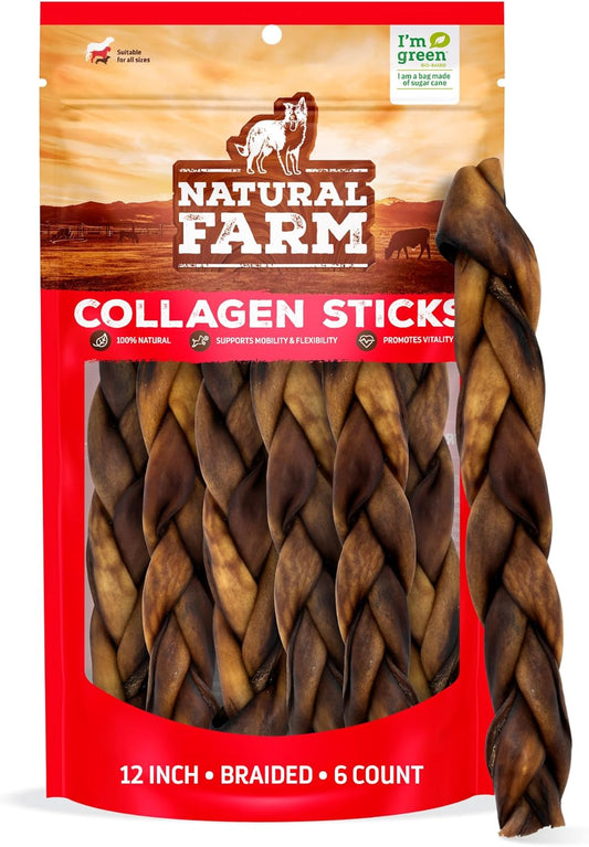 Braided Collagen Chews for Dogs (12 Inch, 6 Pack), Collagen Sticks, Natural Dog Chews, Long Lasting, for Small, Medium and Large Dogs, Odor-Free, Rawhide Alternative