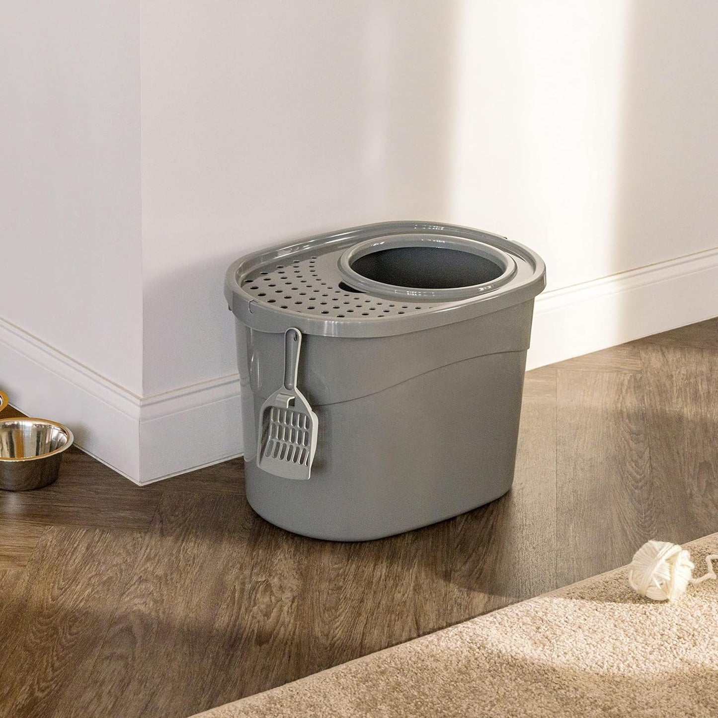 Large Cat Litter Box with High Sides, Top Entry, Includes Scoop, 20.5 X 14.75 X 14.38 Inches, Grey