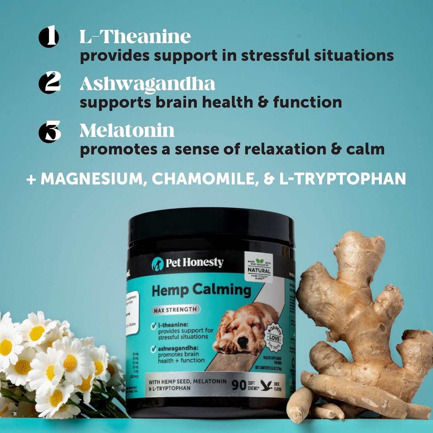 Natural Hemp Calming Chews for Dogs Maximum Strength - Hemp & Melatonin Dog Anxiety Relief - Calming Aid Supplement with Valerian Root - Stress, Separation & Thunder Support - (Duck 90 Ct)