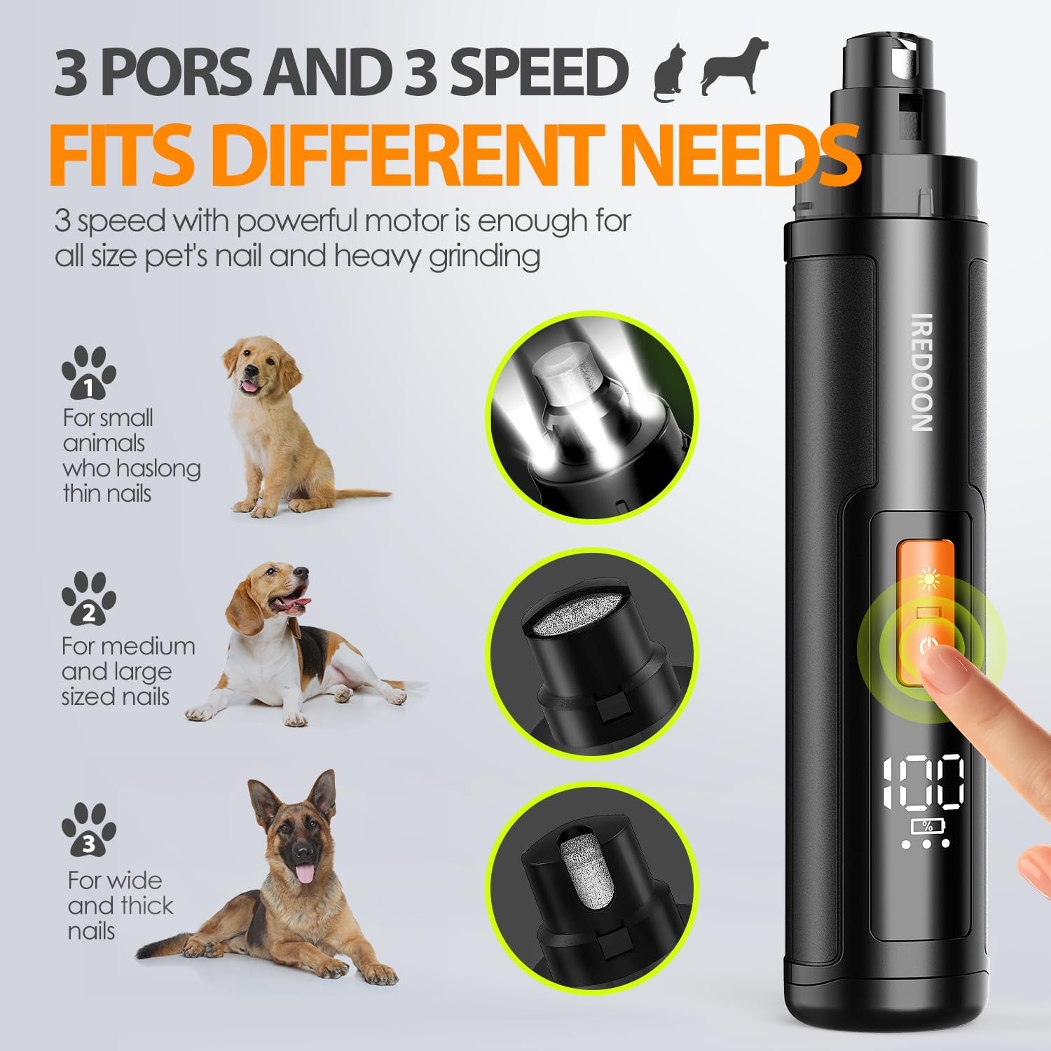 Dog Nail Grinder, Powerful 3-Speed Pet Nail Grinder with 4 LED Lights for Large Dogs & Puppy, Quiet - Rechargeable Dog Nail Trimmer with Dust Cap (Black)