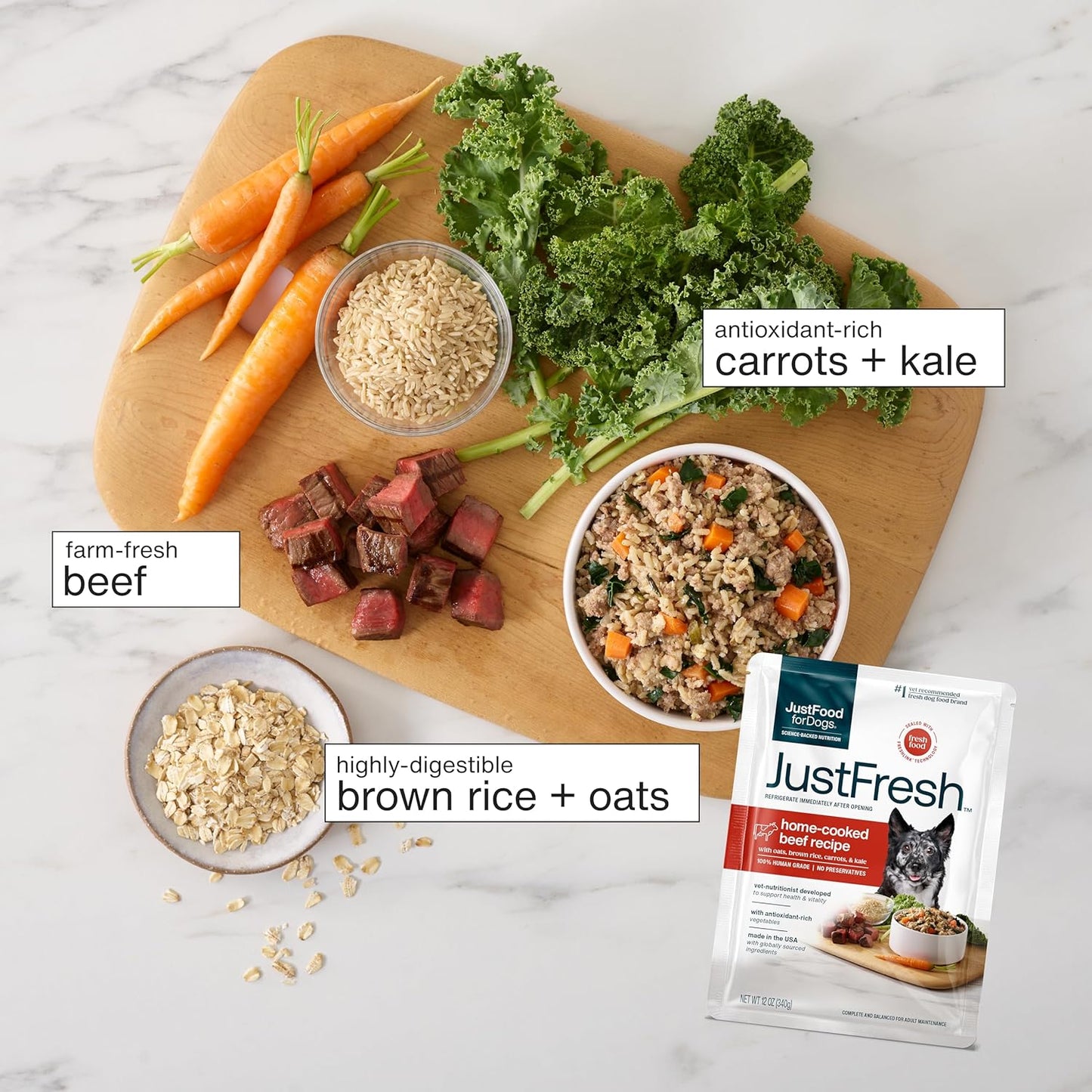 Justfresh Wet Dog Food, Fresh Pet Meals and Toppers with No Preservatives, Resealable Package, Human Grade, Home-Cooked Beef, 12 Oz - 7 Pack