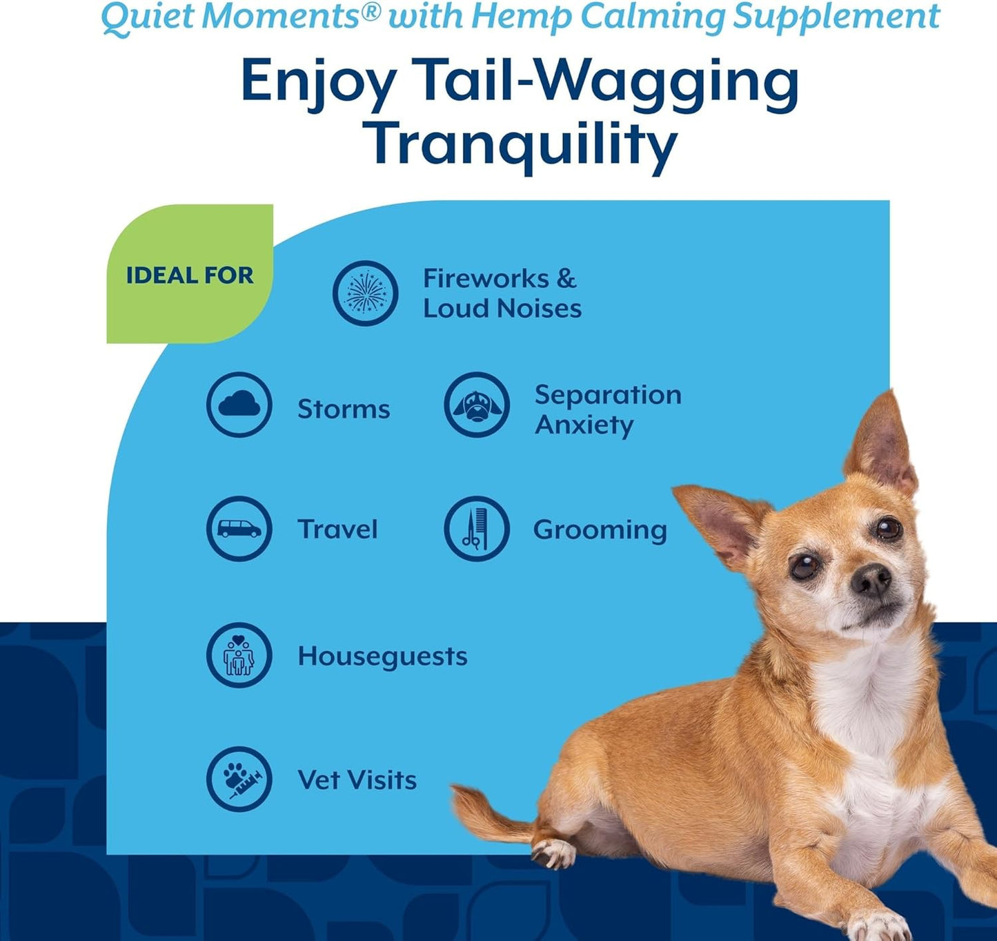 Quiet Moments Calming Aid Dog Supplement, Helps Promote Relaxation, Reduce Stress, Storm Anxiety, Motion Sickness for Dogs (Quiet Moments plus Hemp, 180 Soft Chews)