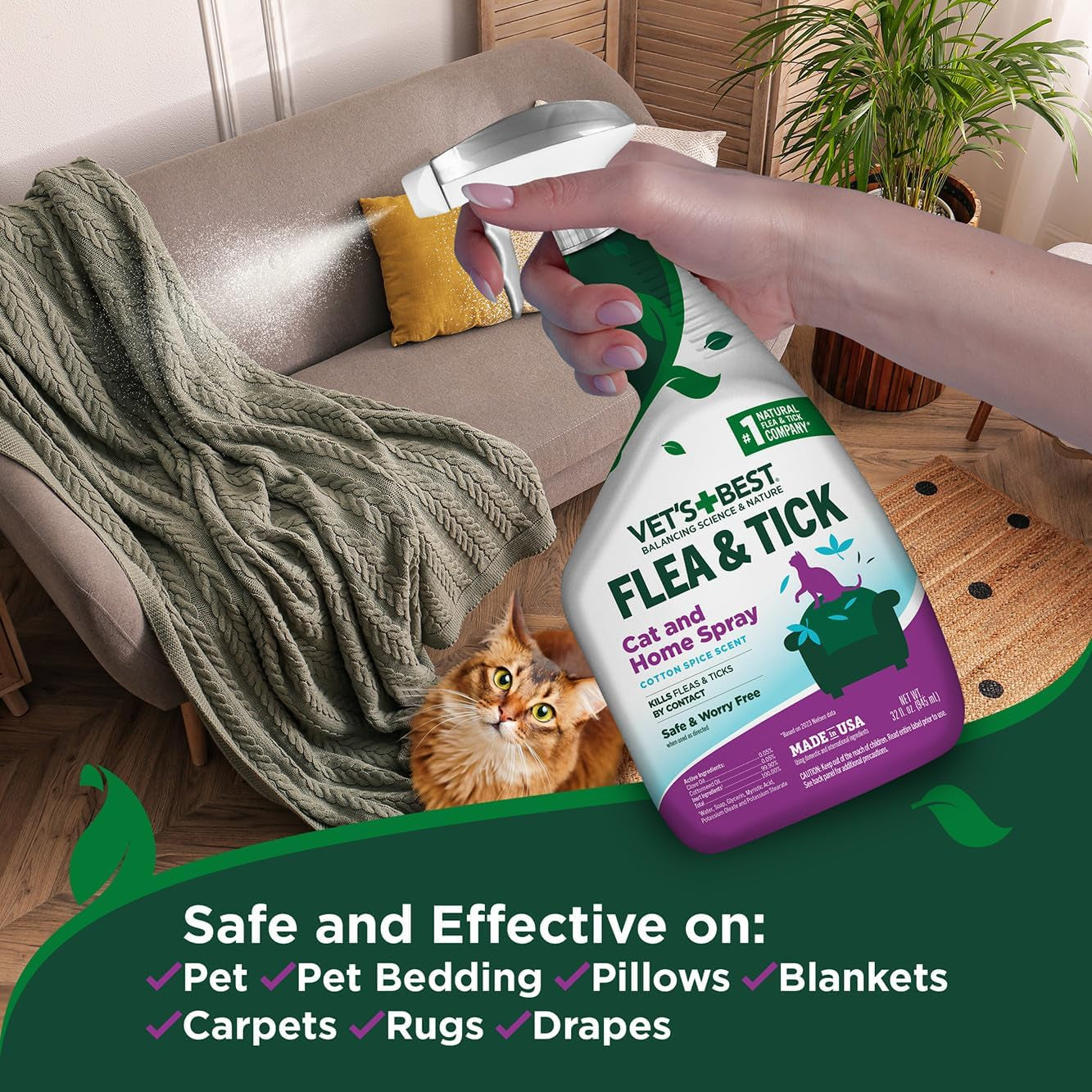 Natural Cat Flea & Tick Home Spray – Natural Plant-Based Pest Control with Cotton Spice Scent – Indoor Mist Flea Treatment for Cats – Safe & Gentle Formula Made in USA – 32 Oz