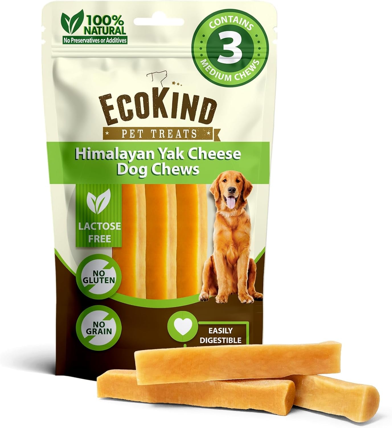 Ecokind Premium Gold Yak Cheese Himalayan Dog Chews, Dog Treats for Medium Dogs, All Natural, High Protein, for Aggressive Chewers, Medium - 3 Chews